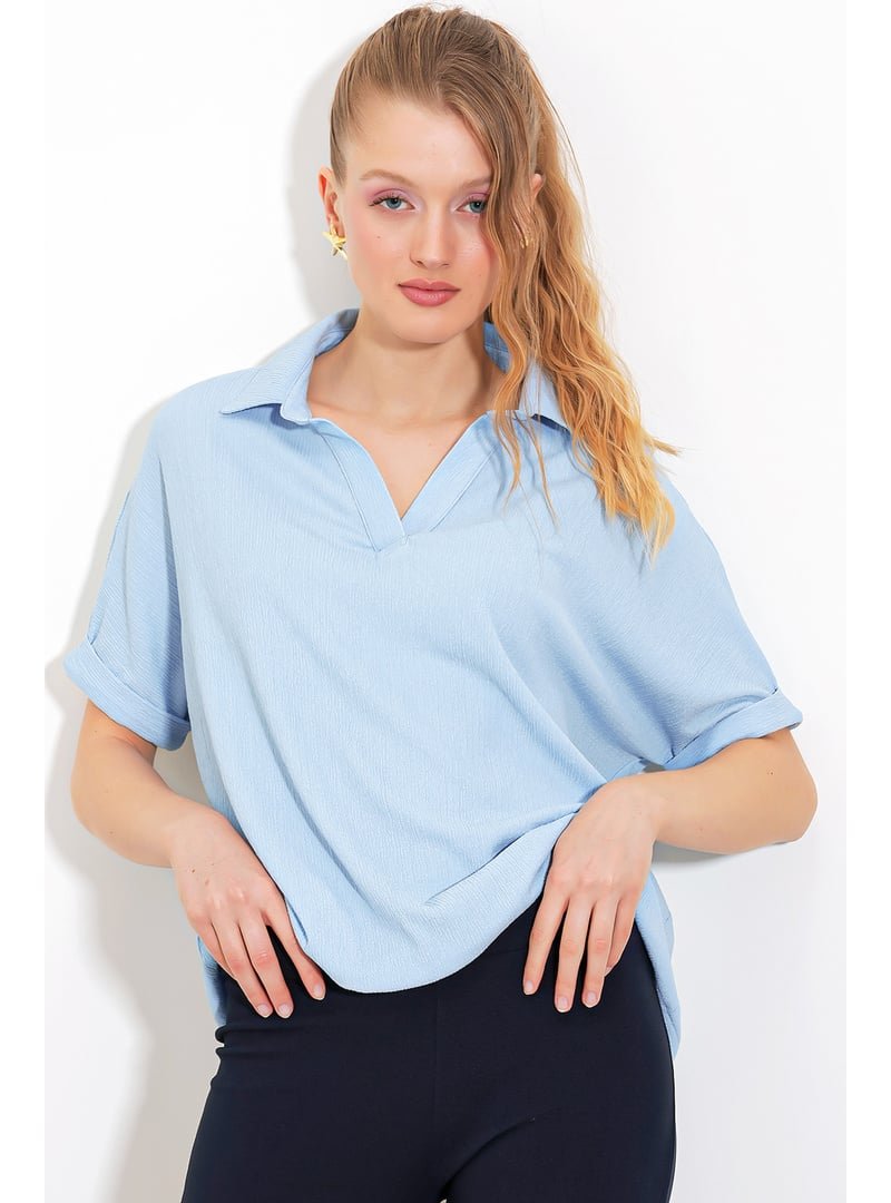 Bigdart Mavi Oversize Polo Yaka Örme Bluz
