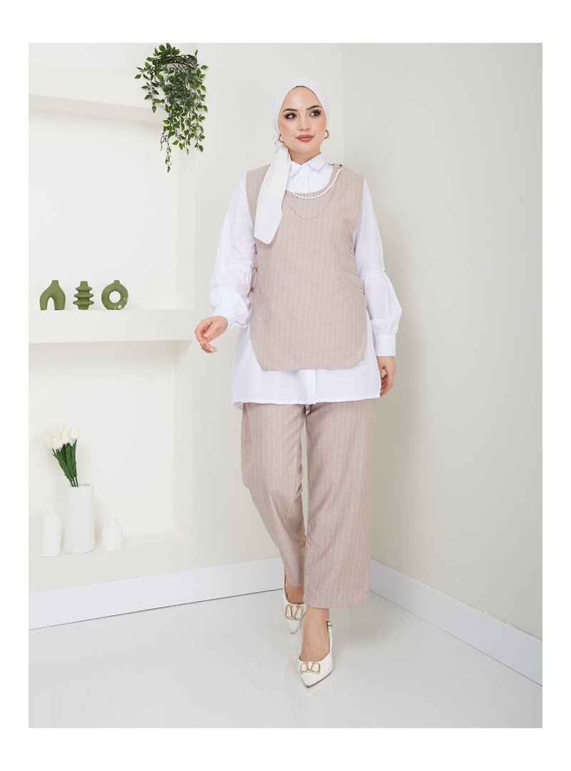 Volt Clothing Bej Kadın Kolye Detay Gömlek Yaka Çizgili Üçlü Yelekli Takım