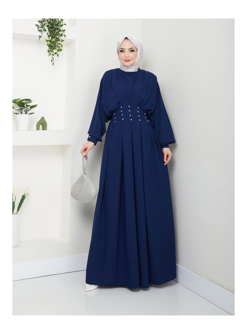 Volt Clothing Lacivert Balon Kol Pileli Taşlı Elbise