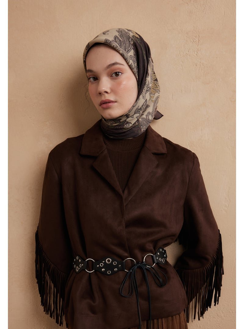 FRESHSCARFS Darıa Desen Pamuk İpek Eşarp Kızıl Kahve