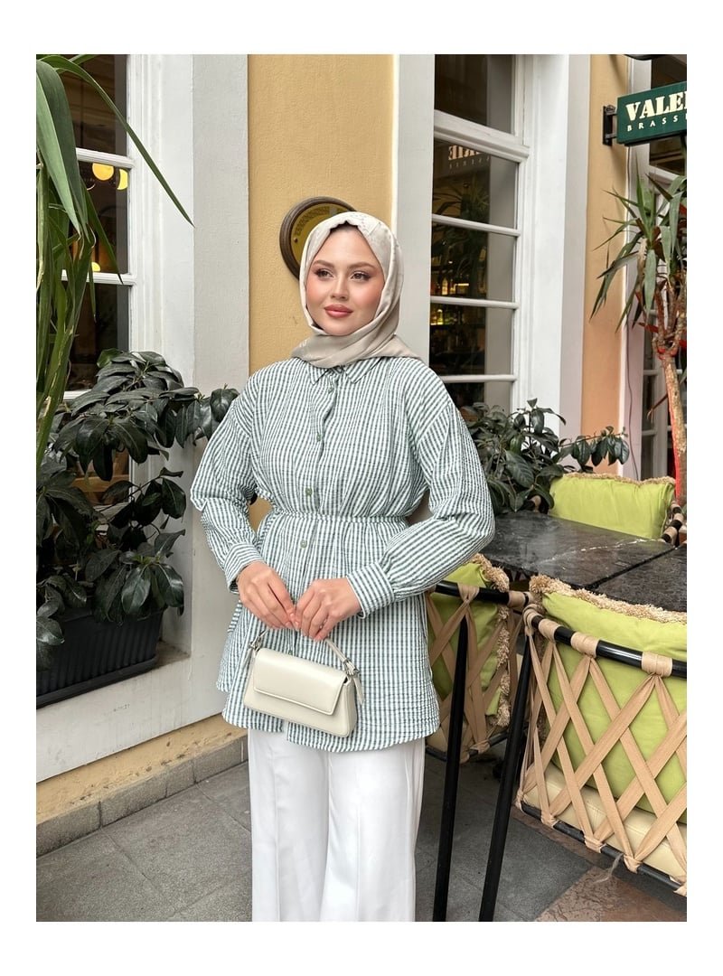 Volt Clothing Yeşil Çizgili Bel Bağlamalı Gömlek
