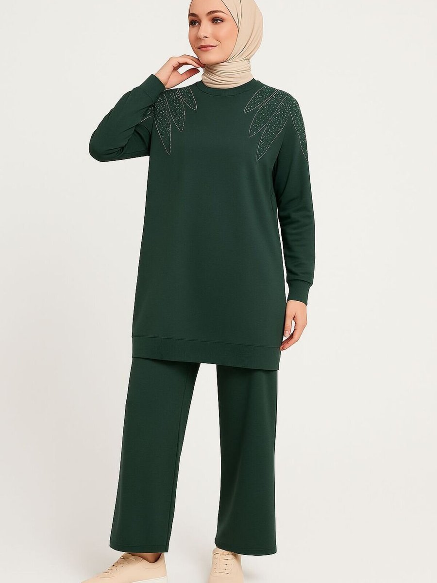SFG Life Moda Yeşil Zarif Taş Detaylı Tunik & Pantolon İkili Takım