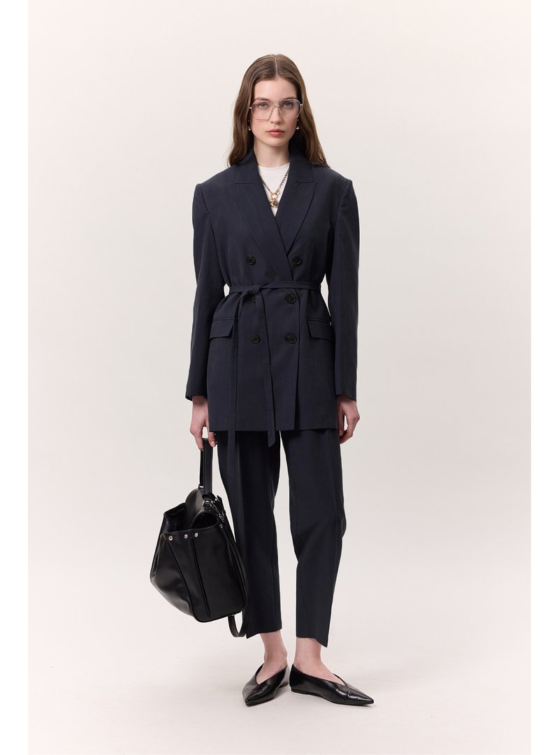 MANUKA İndigo Tencel Kemerli Kruvaze Blazer Ceket