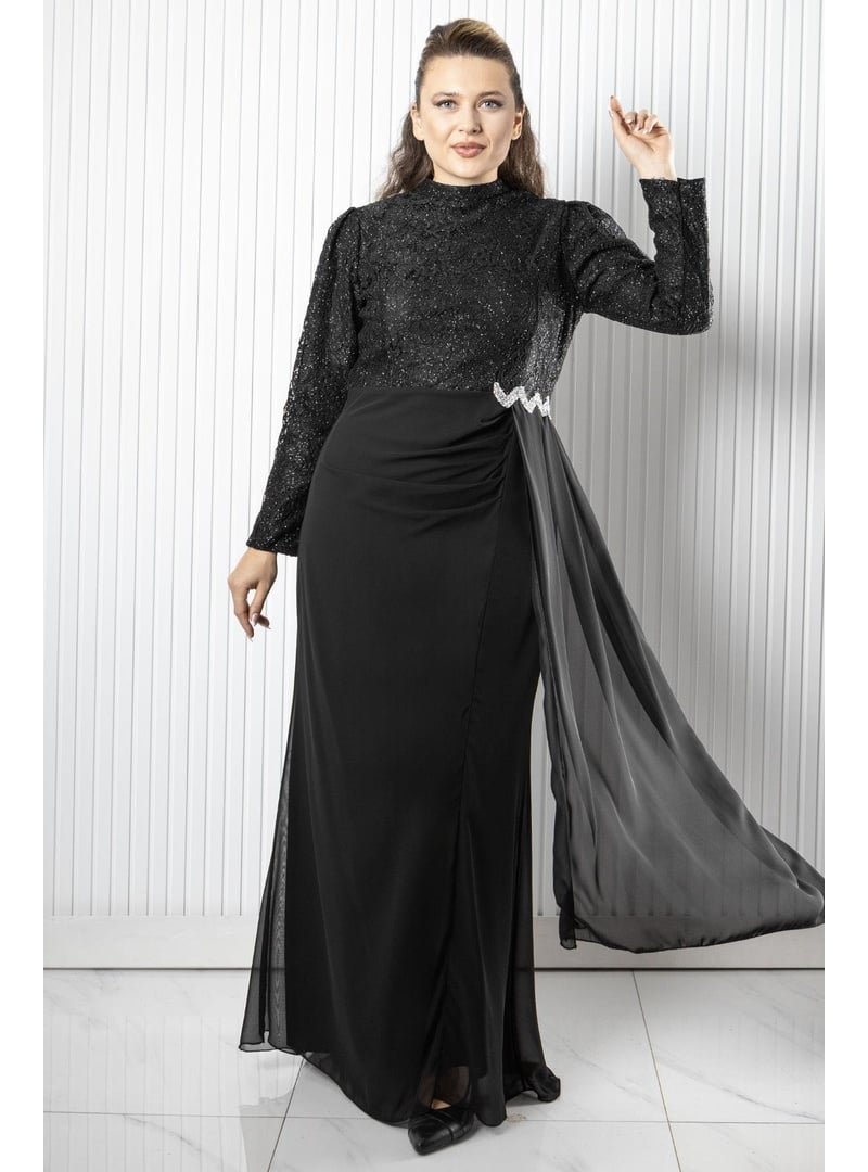 MFA Moda Siyah Dantel Şifon Abiye Elbise