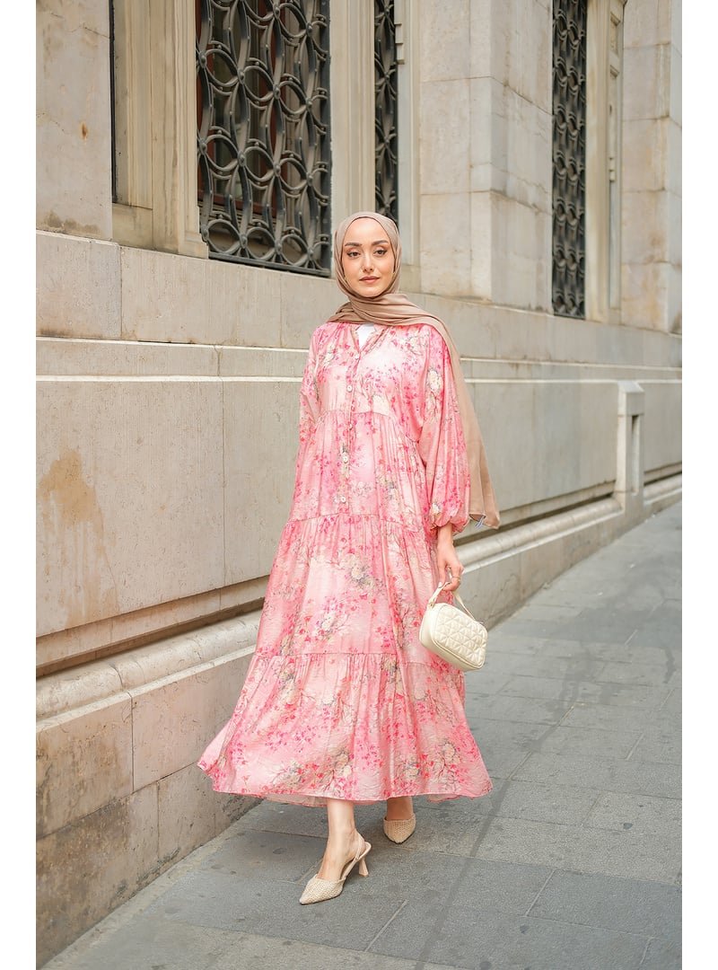 Locco Moda Fuşya Mercan Desenli Elbise