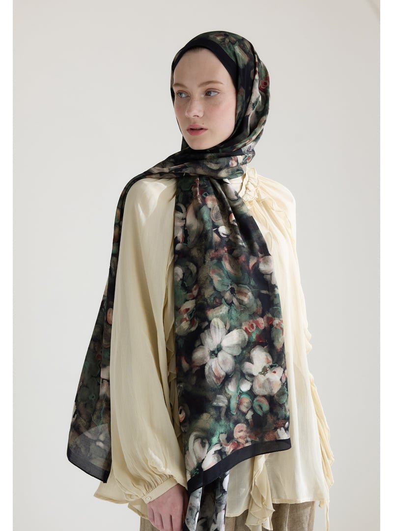 FRESHSCARFS Yeşil Hıbıscus Beauty Floş Viskon Şal Vıntage