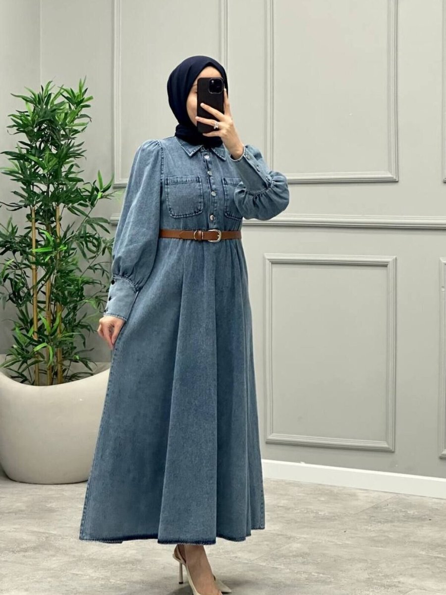 OlaLady Mavi Kolları Manşetli Deri Kemerli Kot Elbise