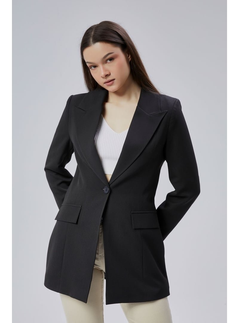 Bolivente Siyah Kruvaze Uzun Blazer Ceket