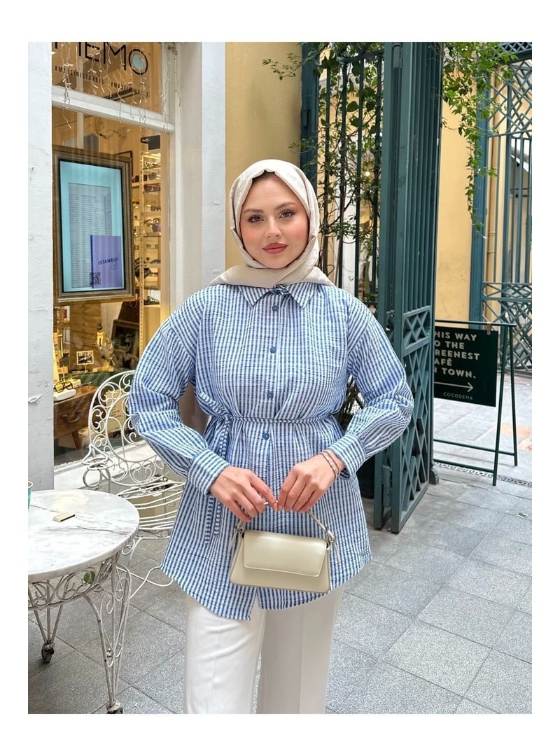 Volt Clothing Mavi Çizgili Bel Bağlamalı Gömlek