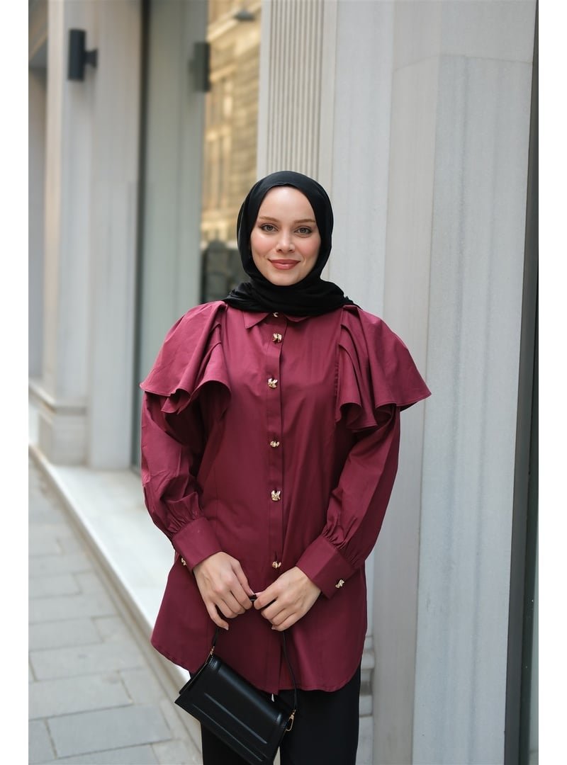 Locco Moda Bordo Kolları Valonlu Düğme Detaylı Gömlek