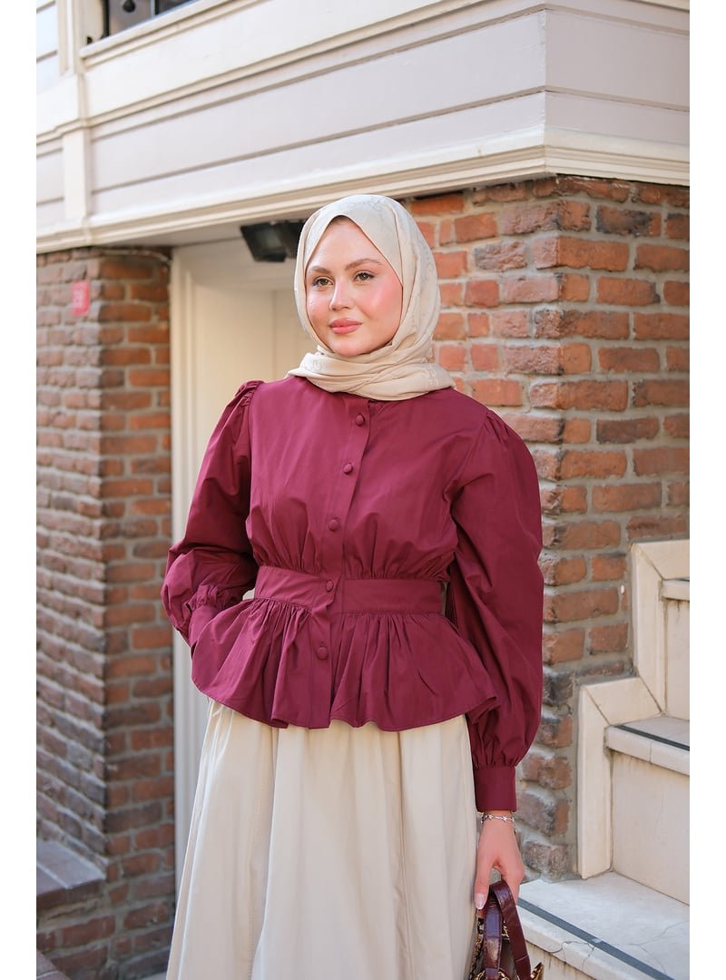 Locco Moda Bordo Beli Büzgü Detaylı Gömlek