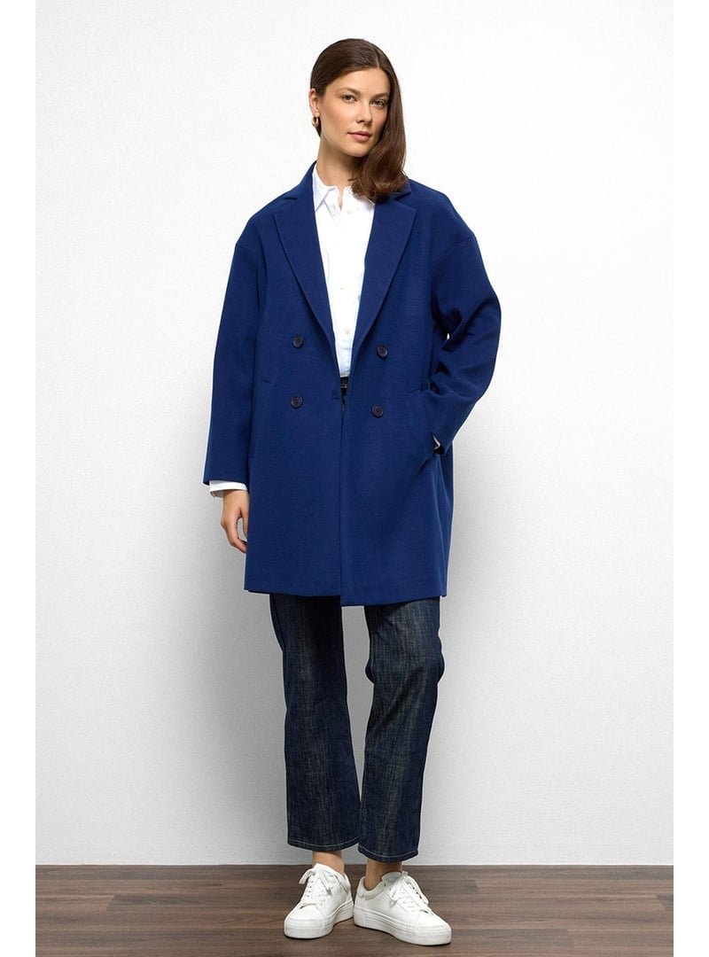 Olcay Desenli Astarlı Oversize Kruvaze kaban Saks