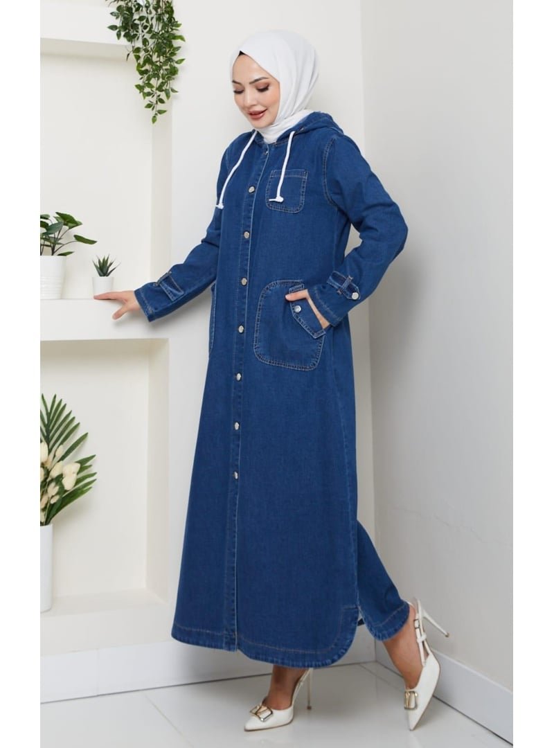 Harmatime butik Cepli Düğmeli Kapüşonlu Denim Koyu Mavi Trençkot