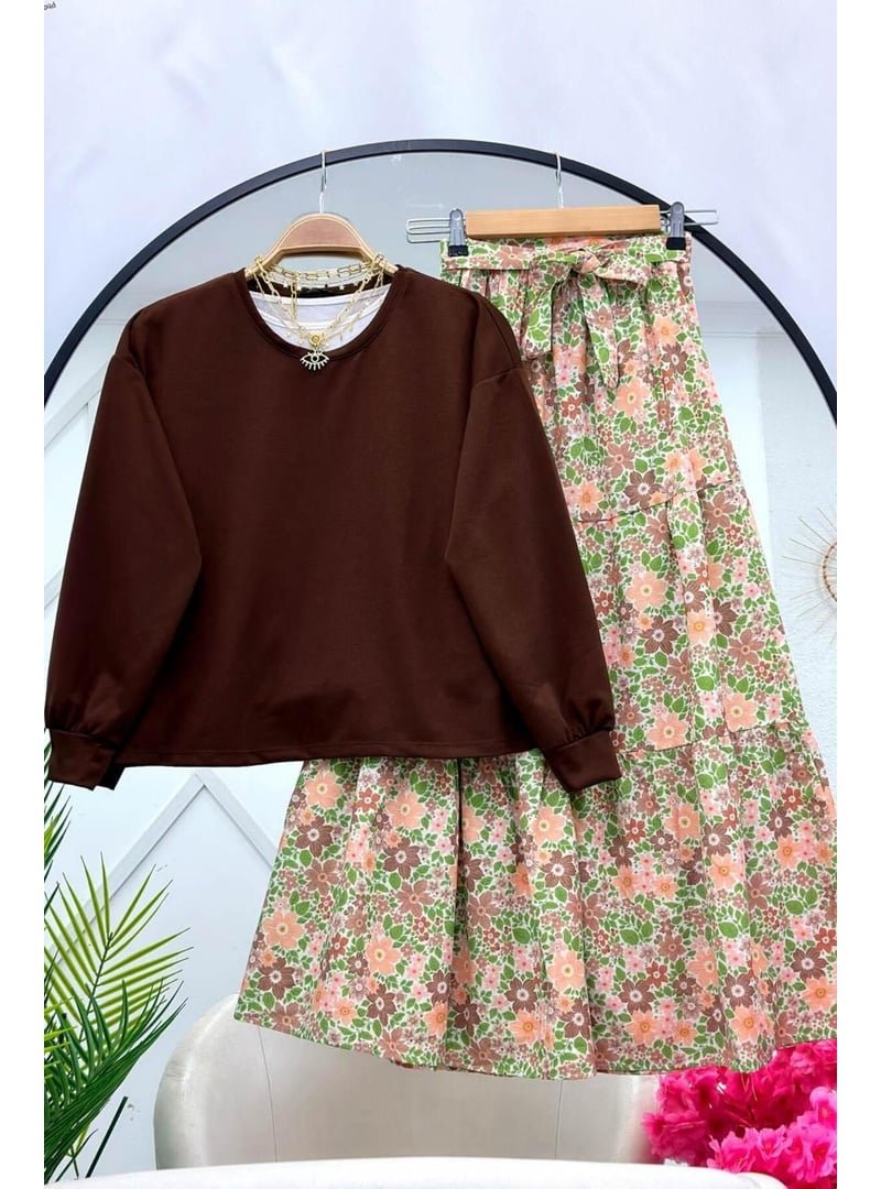 Volt Clothing Lacivert Çiçek Desenli Etekli İkili Takım
