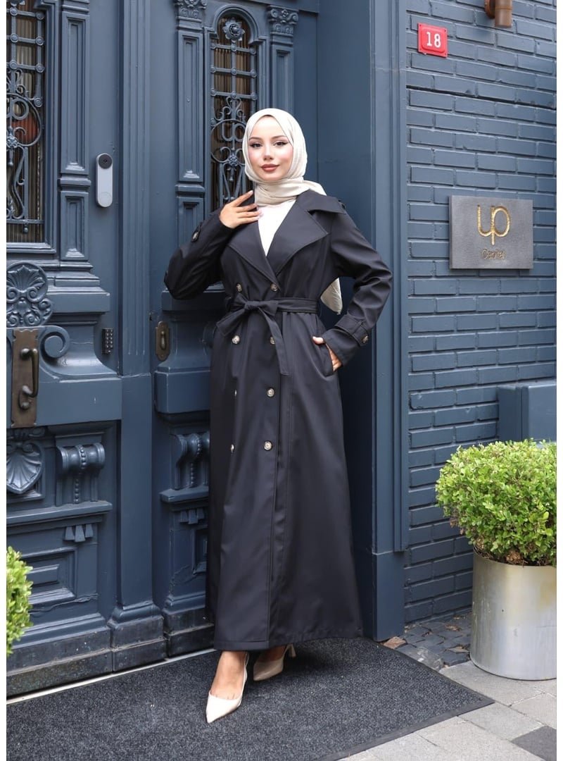 Harmatime butik Kuşaklı Çift Düğmeli Astarlı Bondit Siyah Trençkot