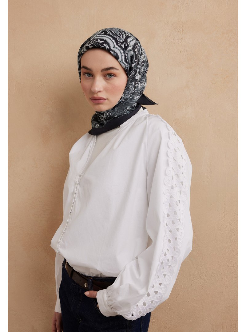 FRESHSCARFS Mavi Etnıc Floral Desen Pamuk İpek Eşarp Antik