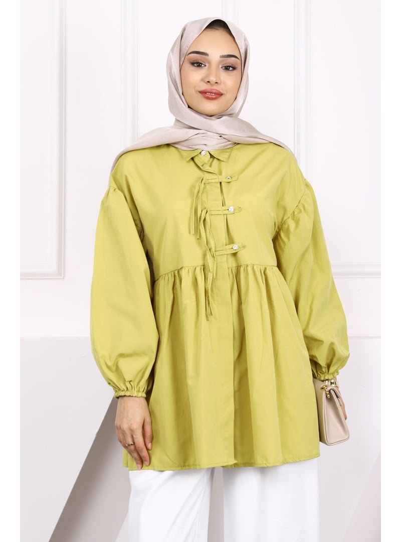 İmaj Butik Yağ Yeşili Kol Lastikli Ön Düğmeli Tunik