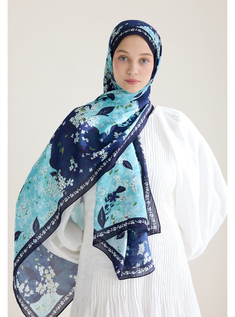 FRESHSCARFS Lacivert Tıny Plumerıa Floş Viskon Şal