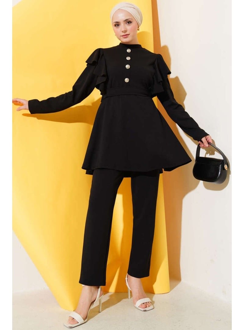 Volt Clothing Siyah Omuz Fırfırlı Düğme Detaylı İkili Takım