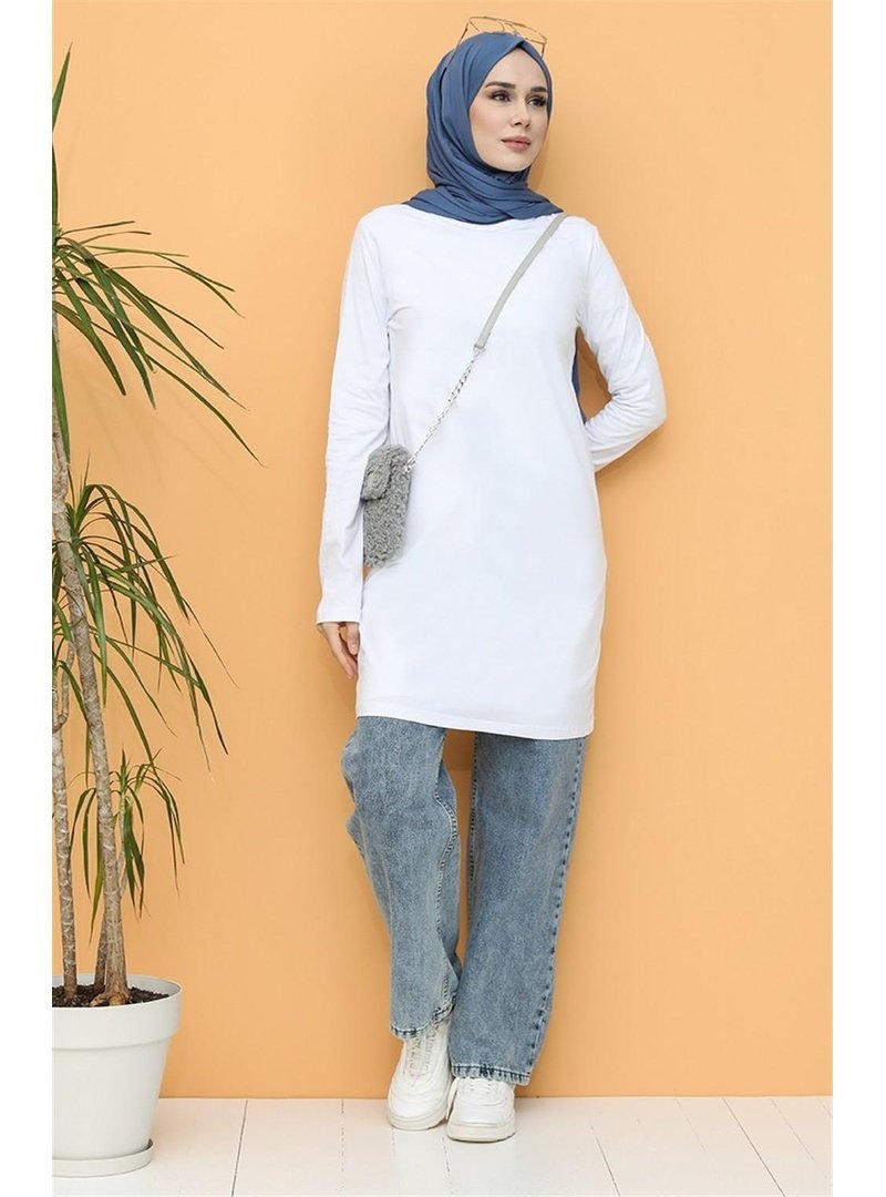 Bwest Beyaz Doğa Sade Basic Tunik