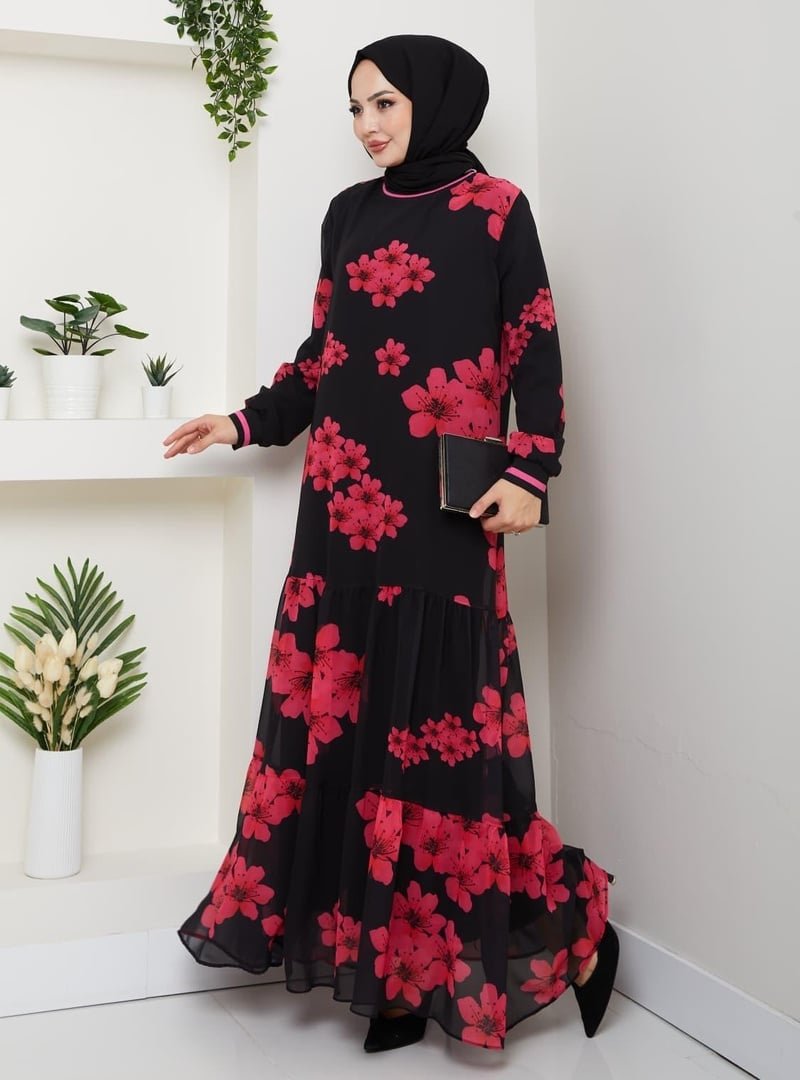 Harmatime butik Astarlı Mor Şifon Çiçek Desenli Elbise