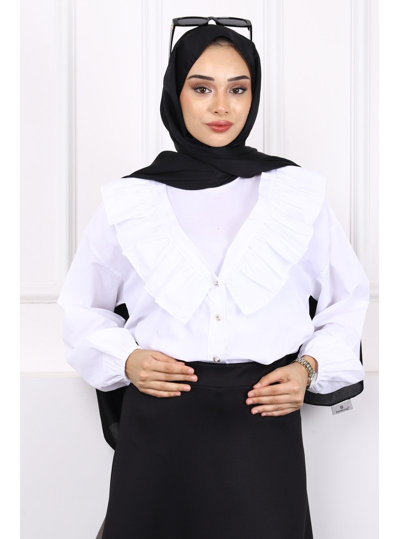 İmaj Butik Ekru Yaka Fırfırlı Düğmeli Gömlek