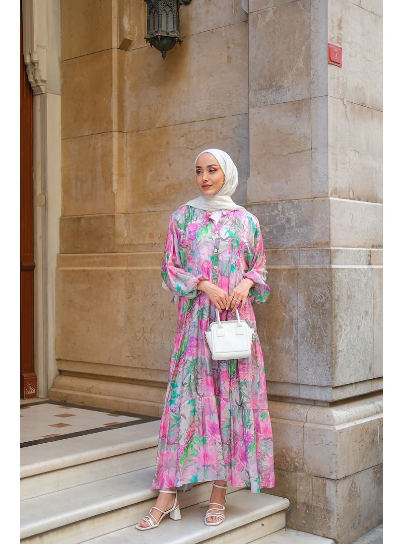 Locco Moda Fuşya Şakayık Desenli Elbise