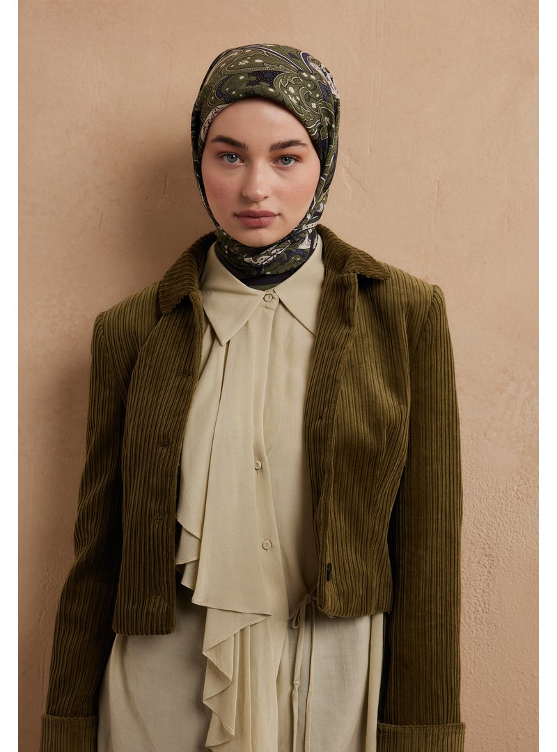 FRESHSCARFS Yeşil Sıara Desen Pamuk İpek Eşarp Askeri