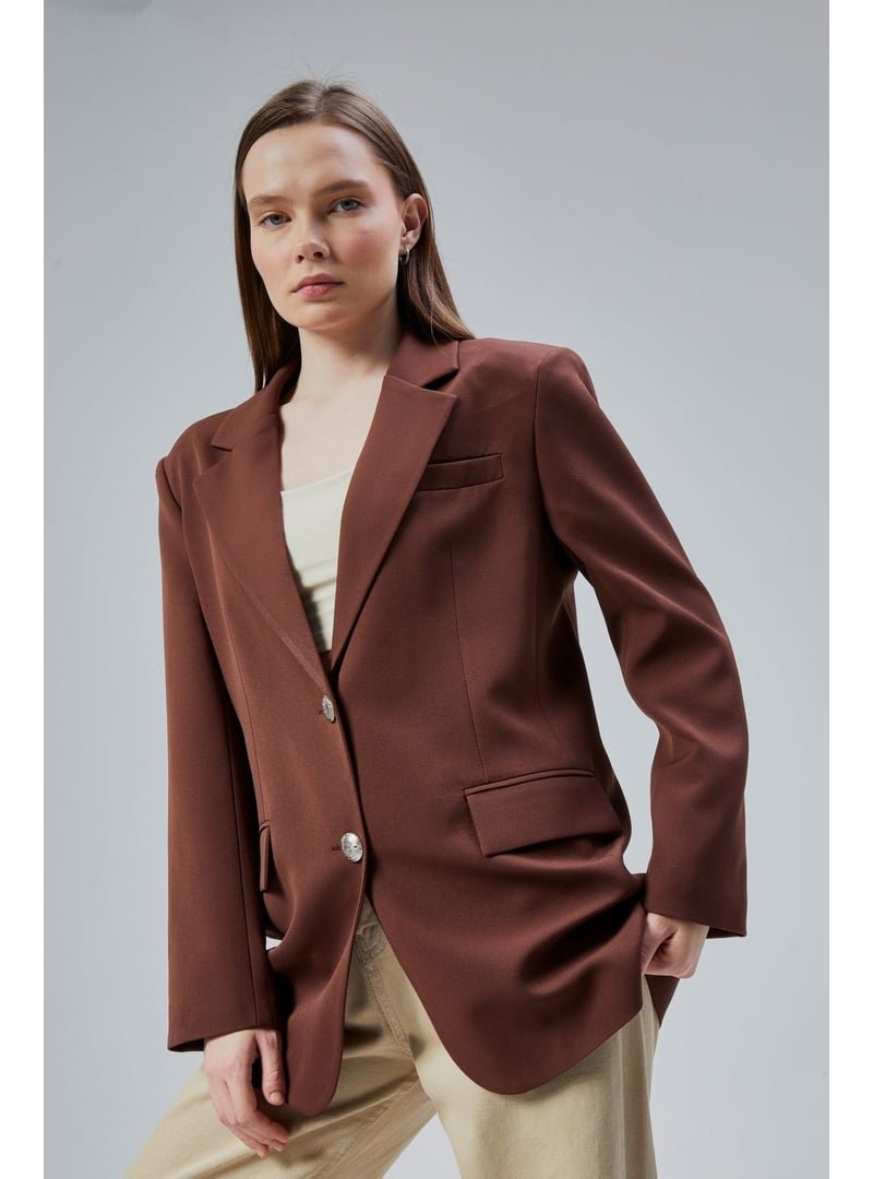 Bolivente Kahverengi Oversize Astarlı Dokuma Blazer Ceket