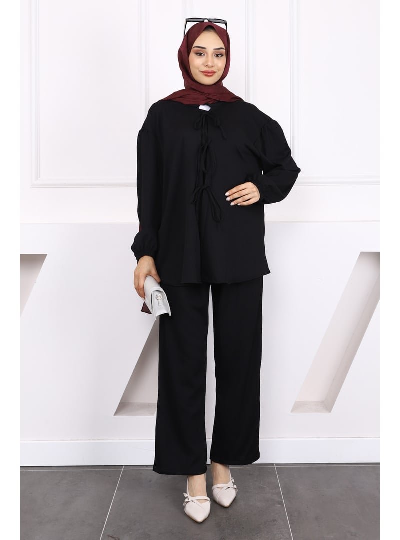 İmaj Butik Siyah Ön Bağlamalı Bürümcük Kimono Pantolonlu Takım