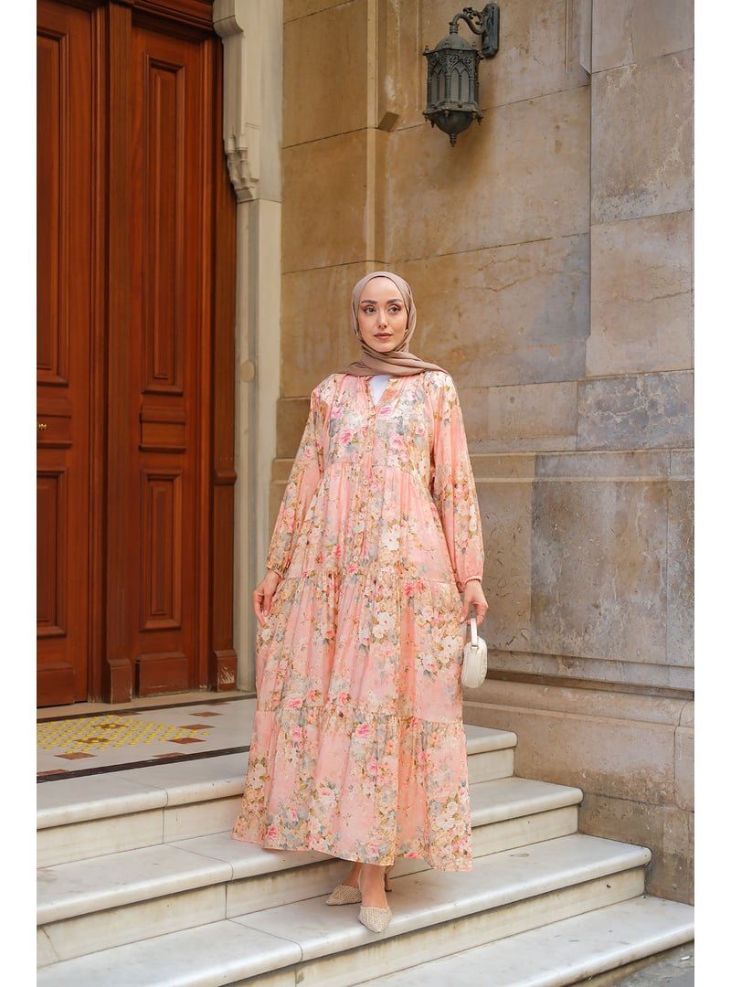Locco Moda Somon Çiçek Desenli Elbise
