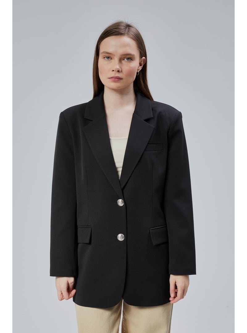 Bolivente Siyah Oversize Astarlı Dokuma Blazer Ceket
