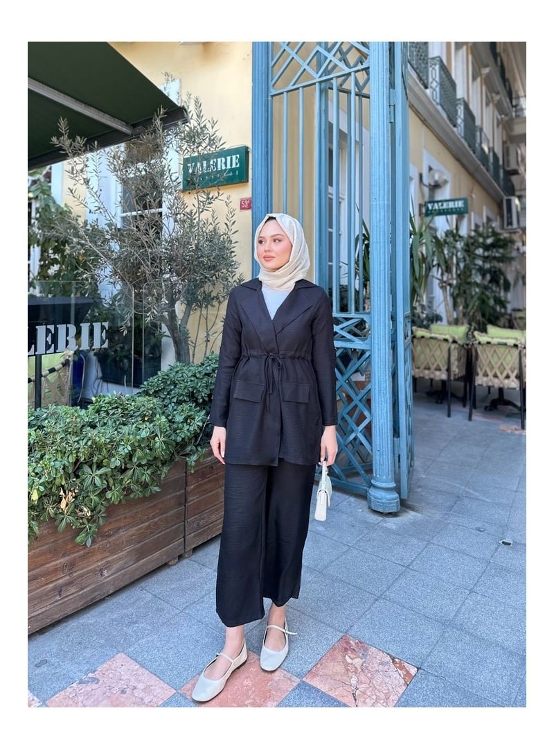 Volt Clothing Siyah Bel Büzgülü Keten Ceket Pantolon Takım