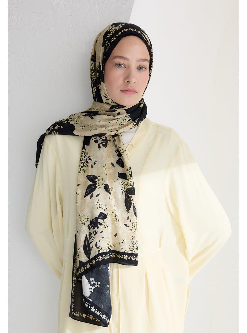 FRESHSCARFS Siyah Tıny Plumerıa Floş Viskon Şal