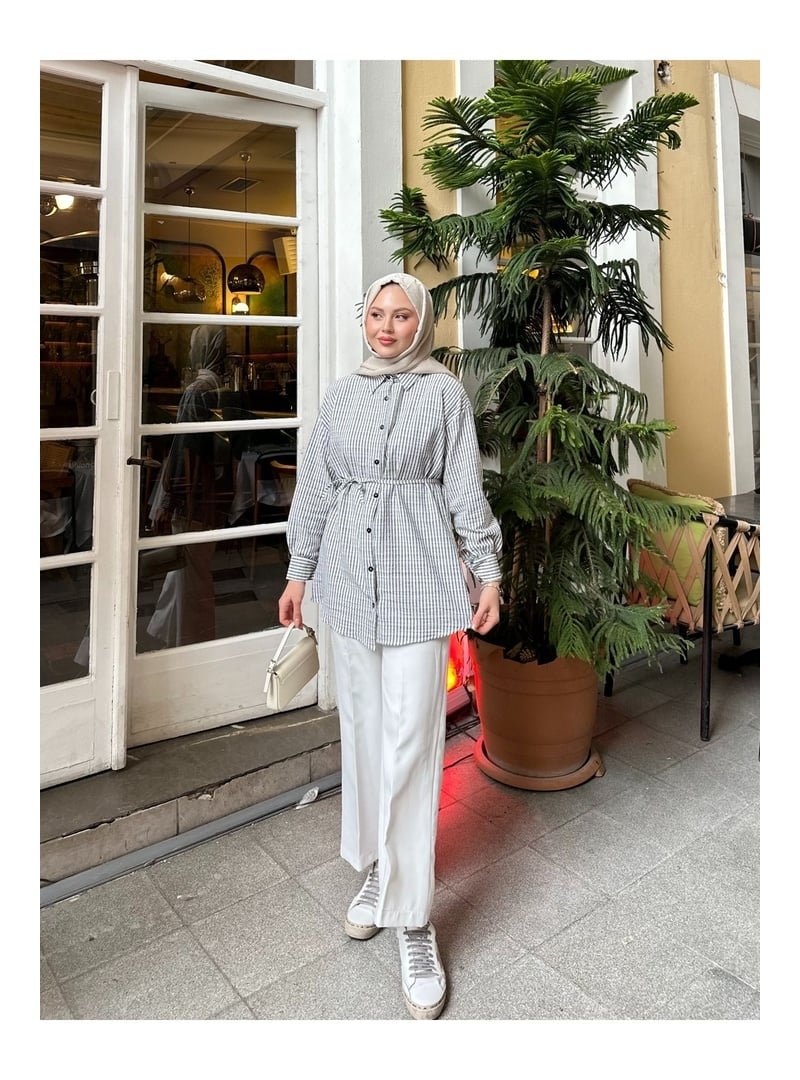 Volt Clothing Gri Çizgili Bel Bağlamalı Gömlek