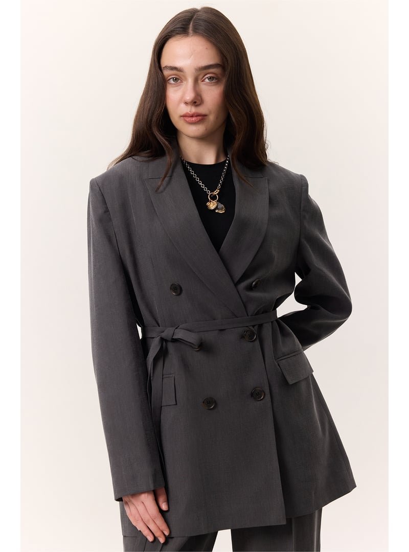 MANUKA Antrasit Tencel Kemerli Kruvaze Blazer Ceket