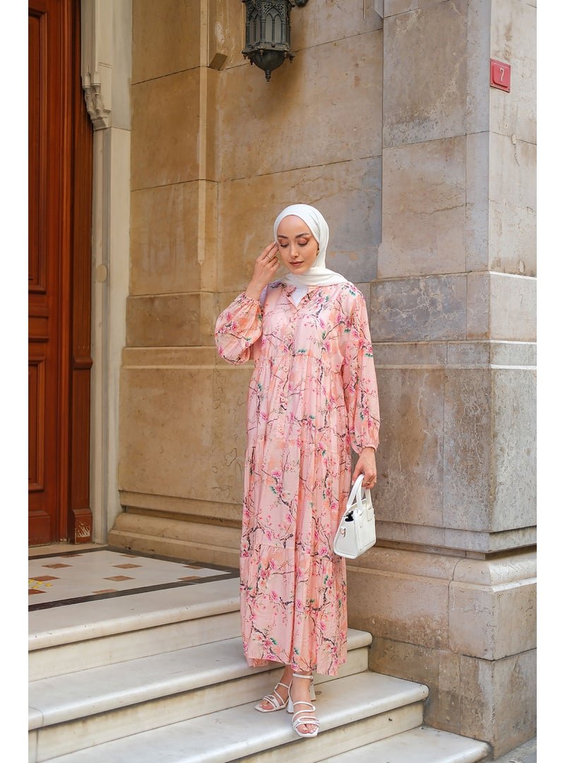 Locco Moda Pembe Sakura Çiçeği Desenli Elbise