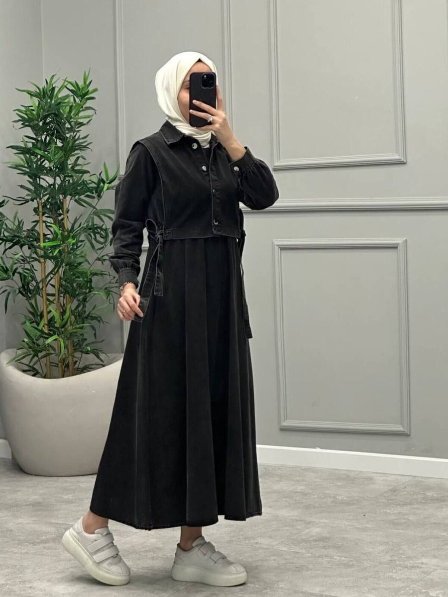 OlaLady Siyah Yanları Bağlamalı Yelekli Kot Elbise