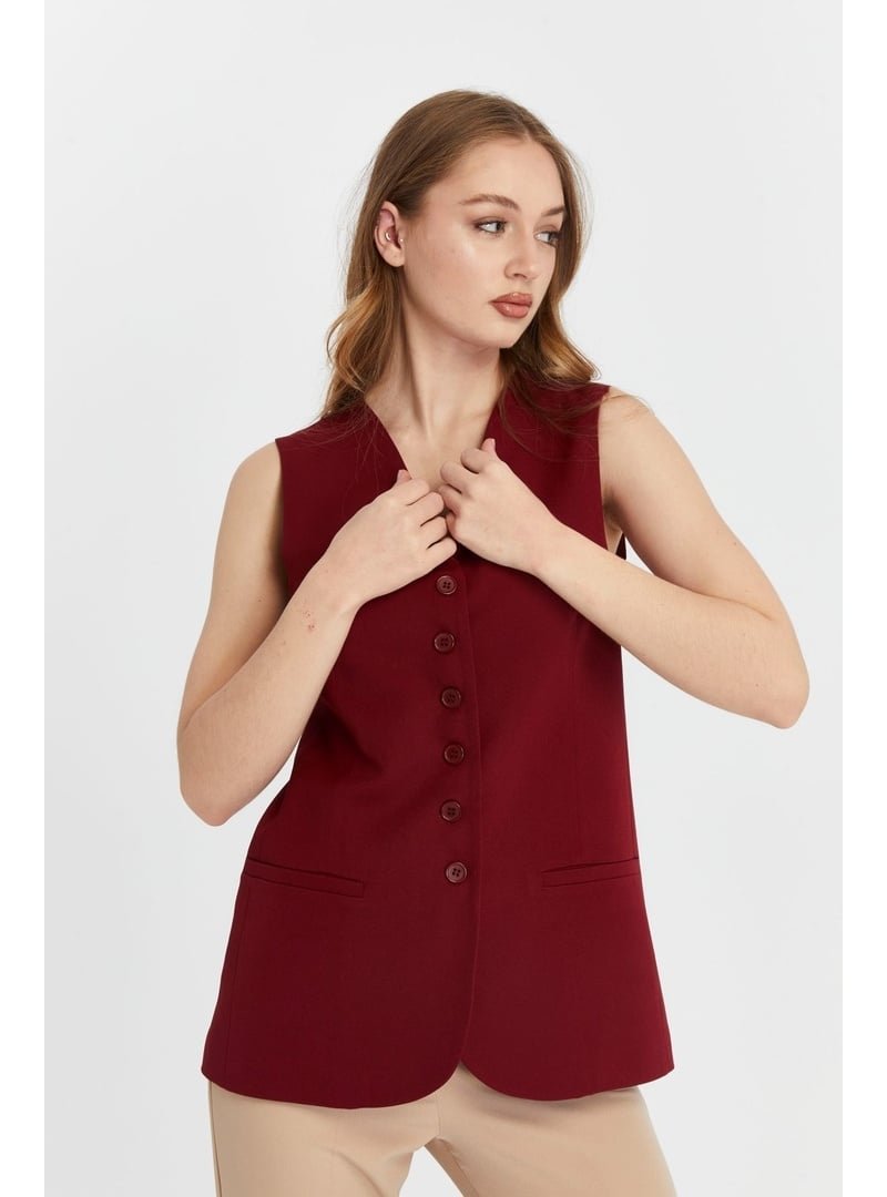 Bolivente Bordo Düğmeli Regular Astarlı Dokuma Yelek
