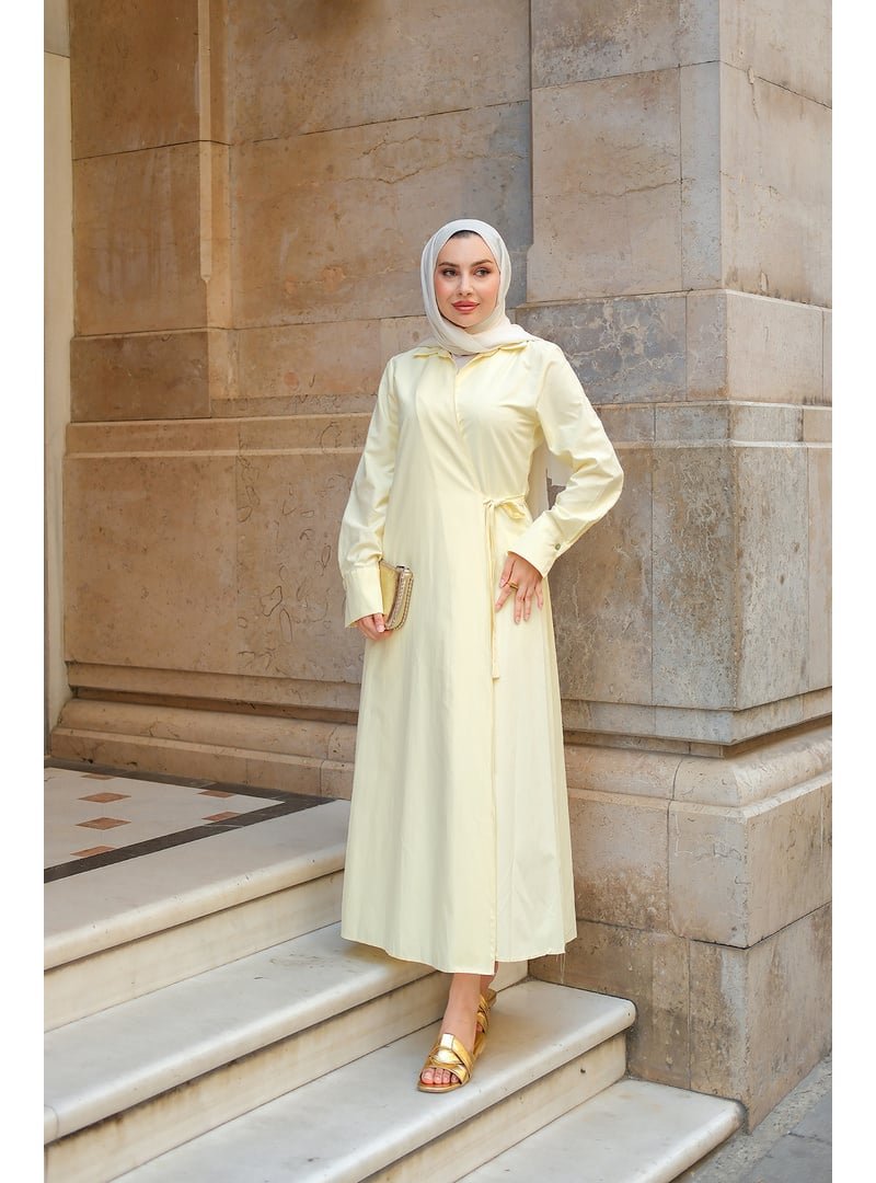 Locco Moda Sarı Poplin Yan Bağlamalı Elbise