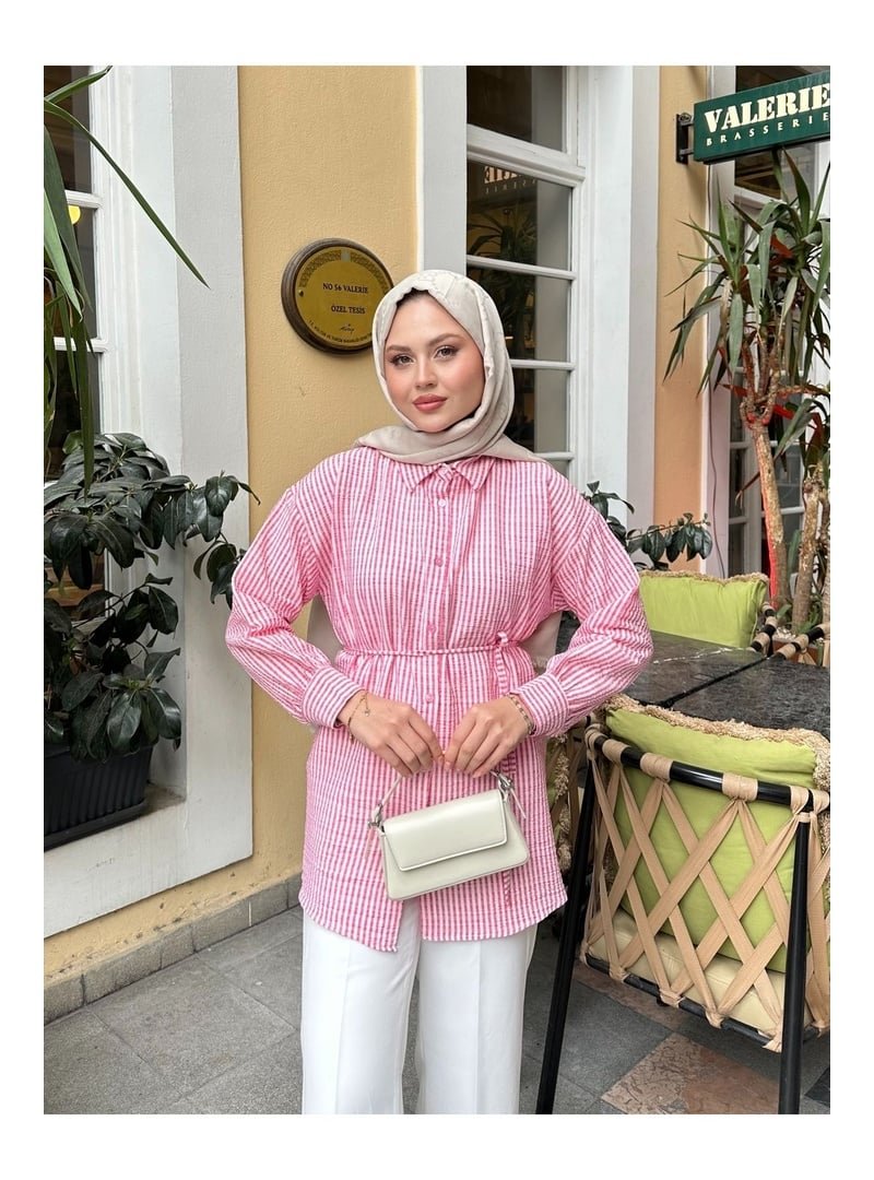 Volt Clothing Pembe Çizgili Bel Bağlamalı Gömlek
