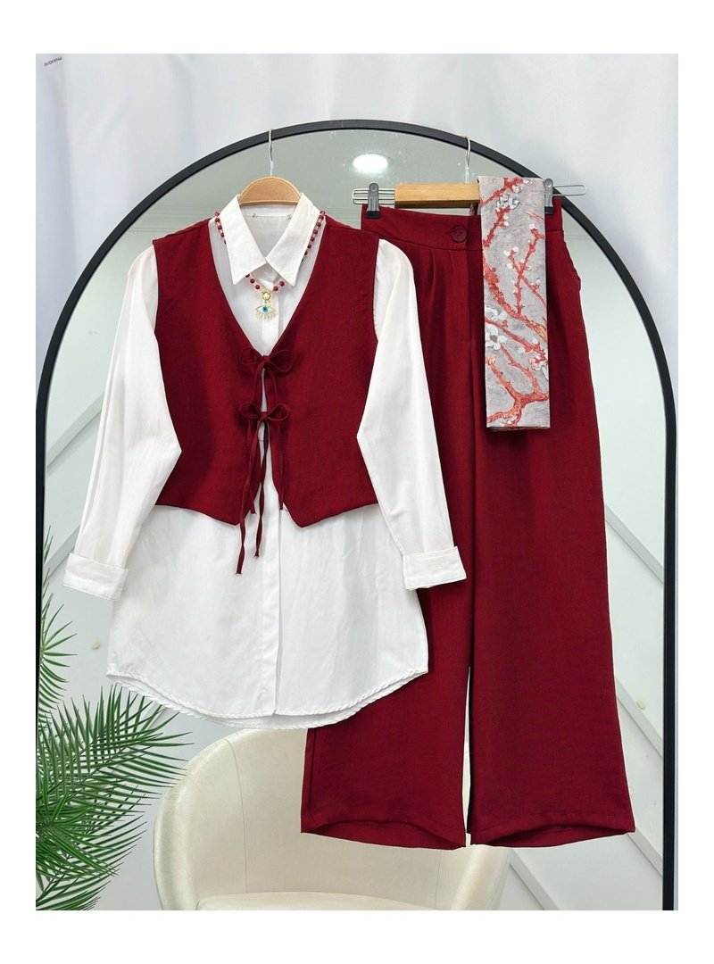 Volt Clothing Bordo Gömlek Yelek Pantolon Üçlü Takım