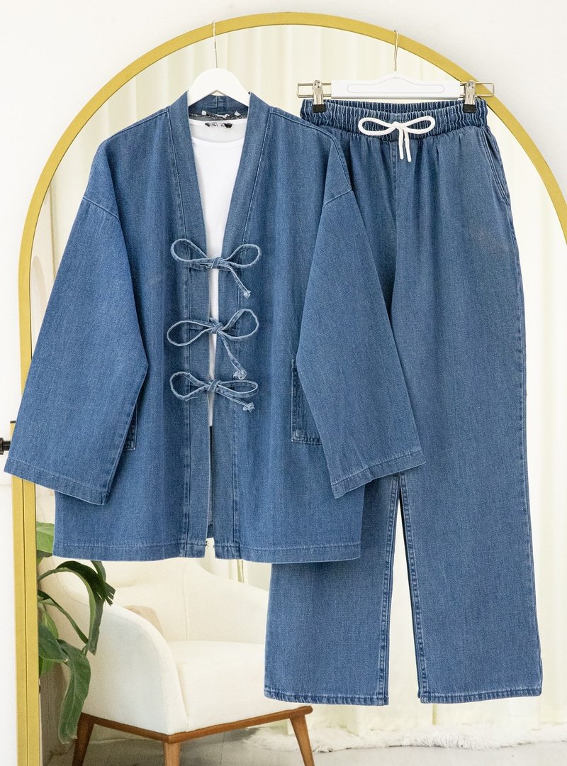 Podyumplus Koyu Mavi Önü Bağlamalı Cepli Pantolonlu Kot Kimono Takım