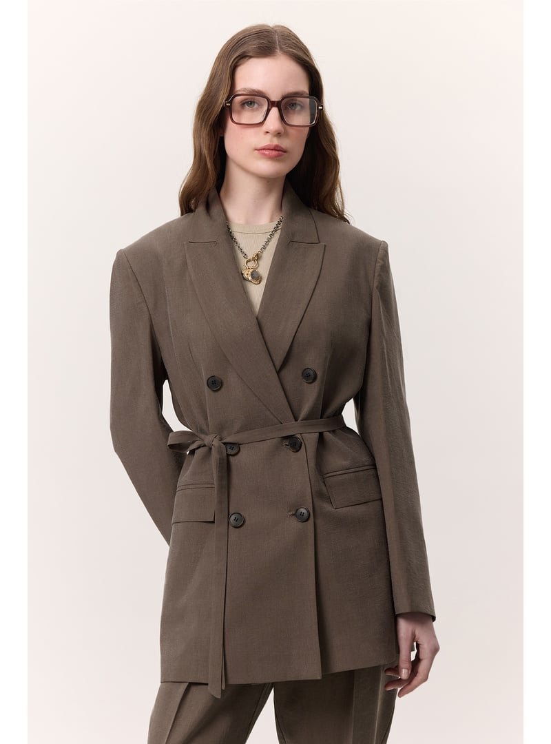 MANUKA Kahverengi Tencel Kemerli Kruvaze Blazer Ceket