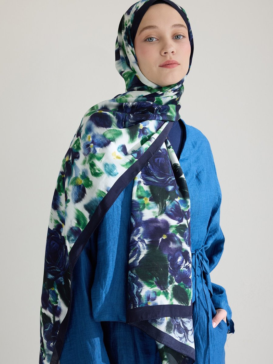 FRESHSCARFS Gece Mavisi Dark Rose Floş Viskon Şal