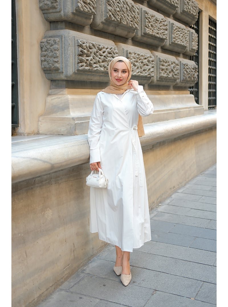 Locco Moda Beyaz Poplin Yan Bağlamalı Elbise