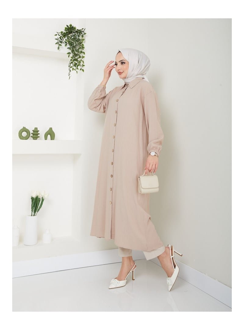 Volt Clothing Bej Maxi Boy Yırtmaçlı Viskon Tunik