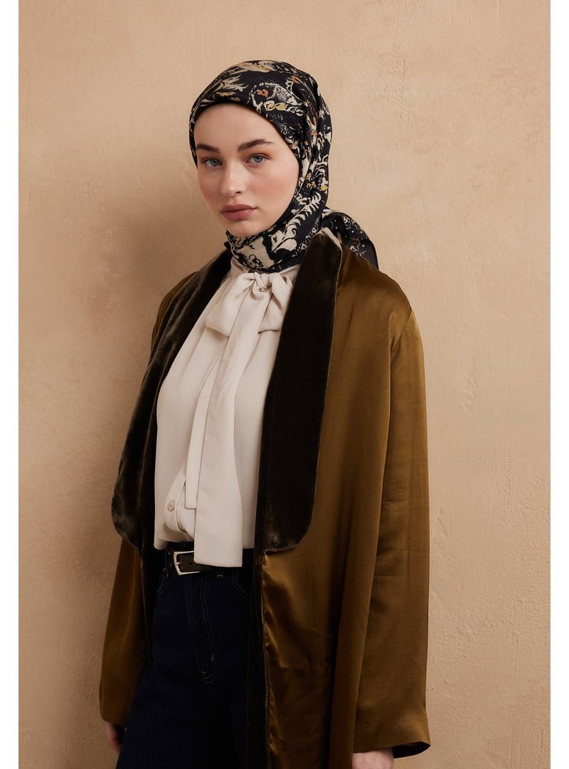 FRESHSCARFS Siyah Floral Paısley Desen Pamuk İpek Eşarp