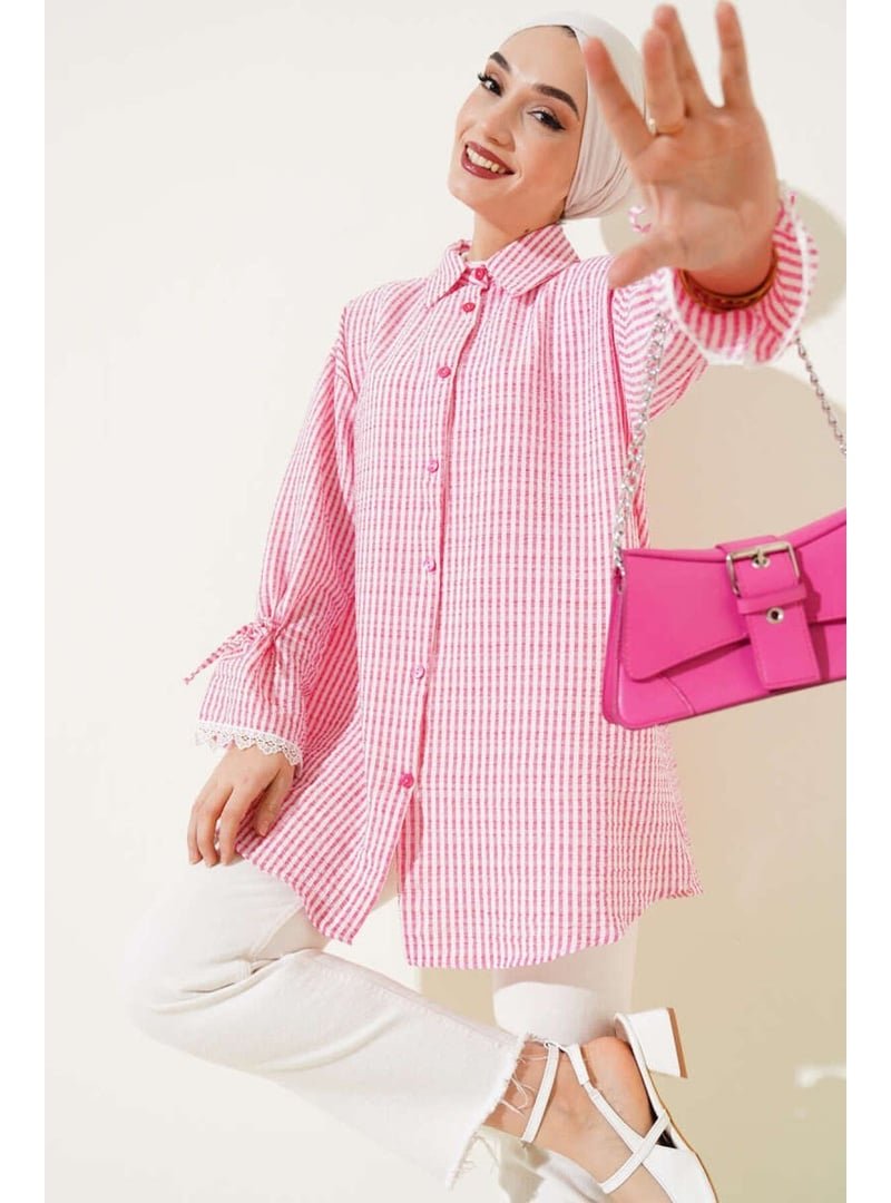 Volt Clothing Pembe Çizgili Kolu Dantelli Gofre Gömlek