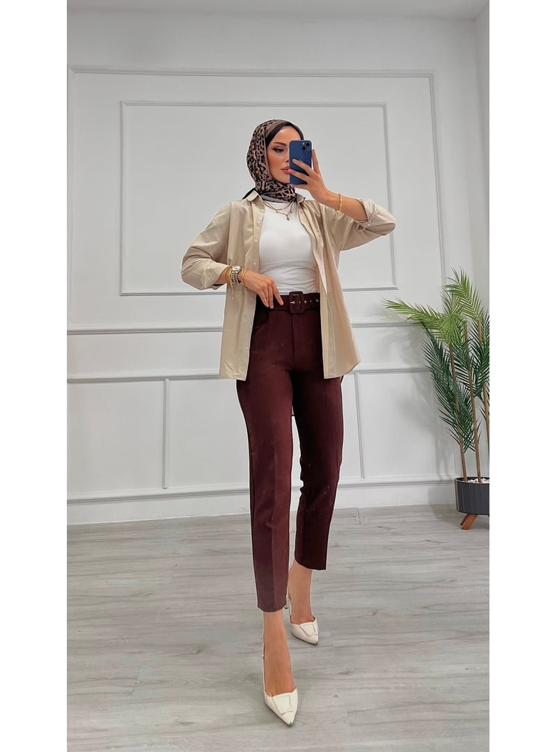 Destemoda Kahverengi Dabıl Kumaş Beli Kemerli Havuç Kesim Pantolon